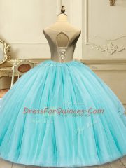 Decent Sleeveless Tulle Floor Length Lace Up Quinceanera Gowns in Watermelon Red with Appliques