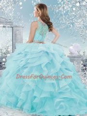Pretty Peach Clasp Handle Sweet 16 Quinceanera Dress Beading and Ruffles Sleeveless Floor Length