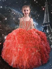 Custom Made Straps Sleeveless Lace Up Kids Formal Wear Coral Red Organza