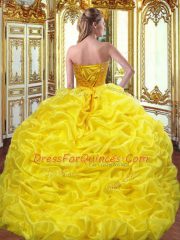 Beautiful Gold Sweet 16 Dresses Taffeta Brush Train Sleeveless Beading and Embroidery and Pick Ups