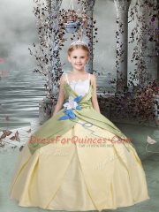 Fashionable Champagne Lace Up Spaghetti Straps Ruching and Hand Made Flower Little Girls Pageant Dress Wholesale Taffeta Sleeveless