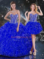 Chic Floor Length Royal Blue Quinceanera Dresses Organza Sleeveless Beading and Ruffles