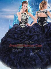 Modern Sleeveless Floor Length Appliques and Ruffles and Pick Ups Lace Up 15th Birthday Dress with Navy Blue