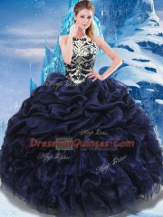 Modern Sleeveless Floor Length Appliques and Ruffles and Pick Ups Lace Up 15th Birthday Dress with Navy Blue