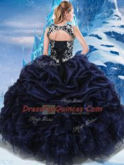Modern Sleeveless Floor Length Appliques and Ruffles and Pick Ups Lace Up 15th Birthday Dress with Navy Blue
