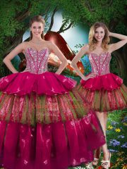 Floor Length Burgundy Vestidos de Quinceanera Organza Sleeveless Beading and Ruffled Layers