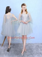 Flare Silver Empire Tulle Square Half Sleeves Lace Knee Length Lace Up Quinceanera Dama Dress