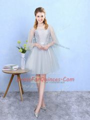 Flare Silver Empire Tulle Square Half Sleeves Lace Knee Length Lace Up Quinceanera Dama Dress