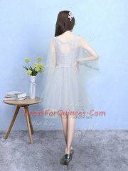 Flare Silver Empire Tulle Square Half Sleeves Lace Knee Length Lace Up Quinceanera Dama Dress