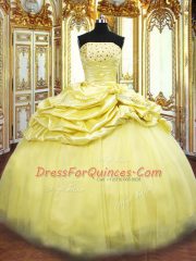 Fantastic Sleeveless Taffeta Floor Length Lace Up Sweet 16 Dresses in Gold with Beading and Pick Ups