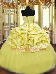 Fantastic Sleeveless Taffeta Floor Length Lace Up Sweet 16 Dresses in Gold with Beading and Pick Ups