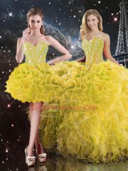 New Arrival Yellow Sweetheart Neckline Beading and Ruffles Quinceanera Gown Sleeveless Lace Up