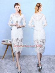 Tea Length Column/Sheath 3 4 Length Sleeve White Quinceanera Dama Dress Zipper