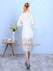 Tea Length Column/Sheath 3 4 Length Sleeve White Quinceanera Dama Dress Zipper