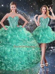 Floor Length Three Pieces Sleeveless Turquoise Quinceanera Dress Lace Up