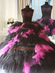 Hot Sale Pink And Black Sleeveless Beading and Ruffles Floor Length Quinceanera Gown