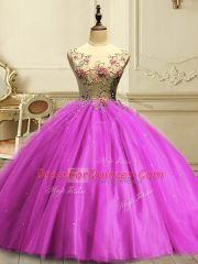 Fuchsia Ball Gowns Tulle Scoop Sleeveless Appliques and Sequins Floor Length Lace Up Ball Gown Prom Dress