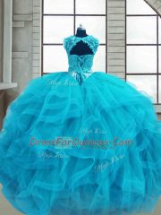 Nice Baby Blue Scoop Lace Up Beading and Ruffles Ball Gown Prom Dress Sleeveless