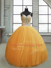 Gold Spaghetti Straps Lace Up Beading Vestidos de Quinceanera Sleeveless
