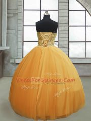 Gold Spaghetti Straps Lace Up Beading Vestidos de Quinceanera Sleeveless