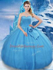 Floor Length Lace Up 15th Birthday Dress Baby Blue for Military Ball and Sweet 16 and Quinceanera with Bowknot