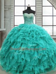 Designer Sleeveless Floor Length Beading and Ruffles Lace Up Quince Ball Gowns with Turquoise