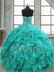 Designer Sleeveless Floor Length Beading and Ruffles Lace Up Quince Ball Gowns with Turquoise