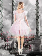 Knee Length Baby Pink Homecoming Dress Organza Short Sleeves Beading and Appliques and Ruffles and Hand Made Flower