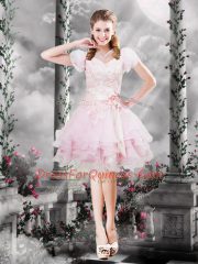 Knee Length Baby Pink Homecoming Dress Organza Short Sleeves Beading and Appliques and Ruffles and Hand Made Flower