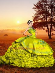 Yellow Green Sleeveless Embroidery and Ruffles Lace Up 15th Birthday Dress