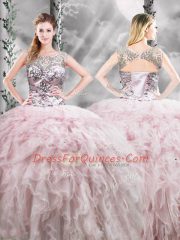 Fashion Pink Sleeveless Tulle Zipper Quinceanera Gowns for Military Ball and Sweet 16 and Quinceanera
