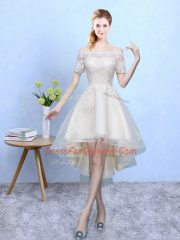 White A-line Off The Shoulder Sleeveless Organza High Low Lace Up Appliques Court Dresses for Sweet 16