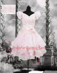 Gorgeous Short Sleeves Knee Length Beading and Appliques and Ruffles and Hand Made Flower Lace Up Prom Gown with Baby Pink