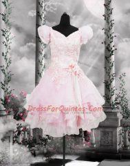Gorgeous Short Sleeves Knee Length Beading and Appliques and Ruffles and Hand Made Flower Lace Up Prom Gown with Baby Pink