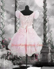Gorgeous Short Sleeves Knee Length Beading and Appliques and Ruffles and Hand Made Flower Lace Up Prom Gown with Baby Pink