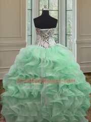 Great Apple Green Ball Gowns Sweetheart Sleeveless Organza Floor Length Lace Up Ruffles Sweet 16 Dresses