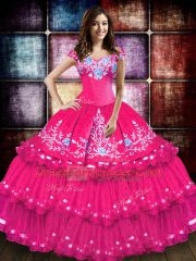 Hot Pink Sleeveless Floor Length Embroidery and Ruffled Layers Lace Up Quinceanera Gown