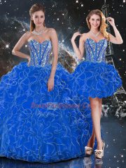 Blue Organza Lace Up Ball Gown Prom Dress Sleeveless Floor Length Beading and Ruffles