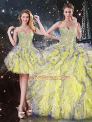 Sophisticated Yellow Sleeveless Floor Length Beading and Ruffles Lace Up Quinceanera Dresses