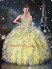 Sophisticated Yellow Sleeveless Floor Length Beading and Ruffles Lace Up Quinceanera Dresses