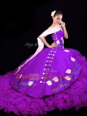 Top Selling Lace Up Quinceanera Dresses Eggplant Purple for Military Ball and Sweet 16 and Quinceanera with Embroidery and Ruffles Brush Train