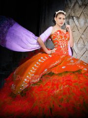 Extravagant Orange Red Lace Up Sweetheart Embroidery and Ruffles Quinceanera Dresses Organza Sleeveless Brush Train