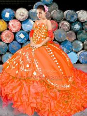 Extravagant Orange Red Lace Up Sweetheart Embroidery and Ruffles Quinceanera Dresses Organza Sleeveless Brush Train