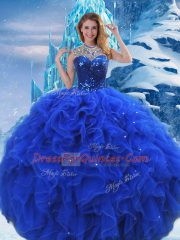 Royal Blue Organza Zipper Scoop Sleeveless Floor Length Quinceanera Gown Ruffles and Sequins