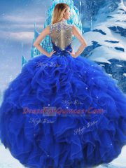Royal Blue Organza Zipper Scoop Sleeveless Floor Length Quinceanera Gown Ruffles and Sequins