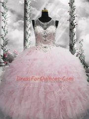 Baby Pink Sleeveless Floor Length Beading and Ruffles Lace Up Sweet 16 Dresses