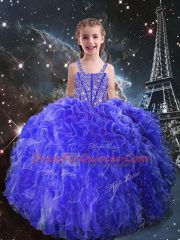 Pretty Eggplant Purple Lace Up Little Girls Pageant Dress Beading and Ruffles Sleeveless Floor Length