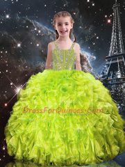 Attractive Yellow Green Lace Up Straps Beading and Ruffles Kids Pageant Dress Organza Sleeveless