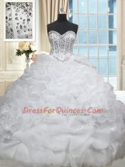 Sweetheart Sleeveless Quinceanera Gowns Brush Train Beading and Pick Ups White Organza