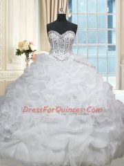 Sweetheart Sleeveless Quinceanera Gowns Brush Train Beading and Pick Ups White Organza